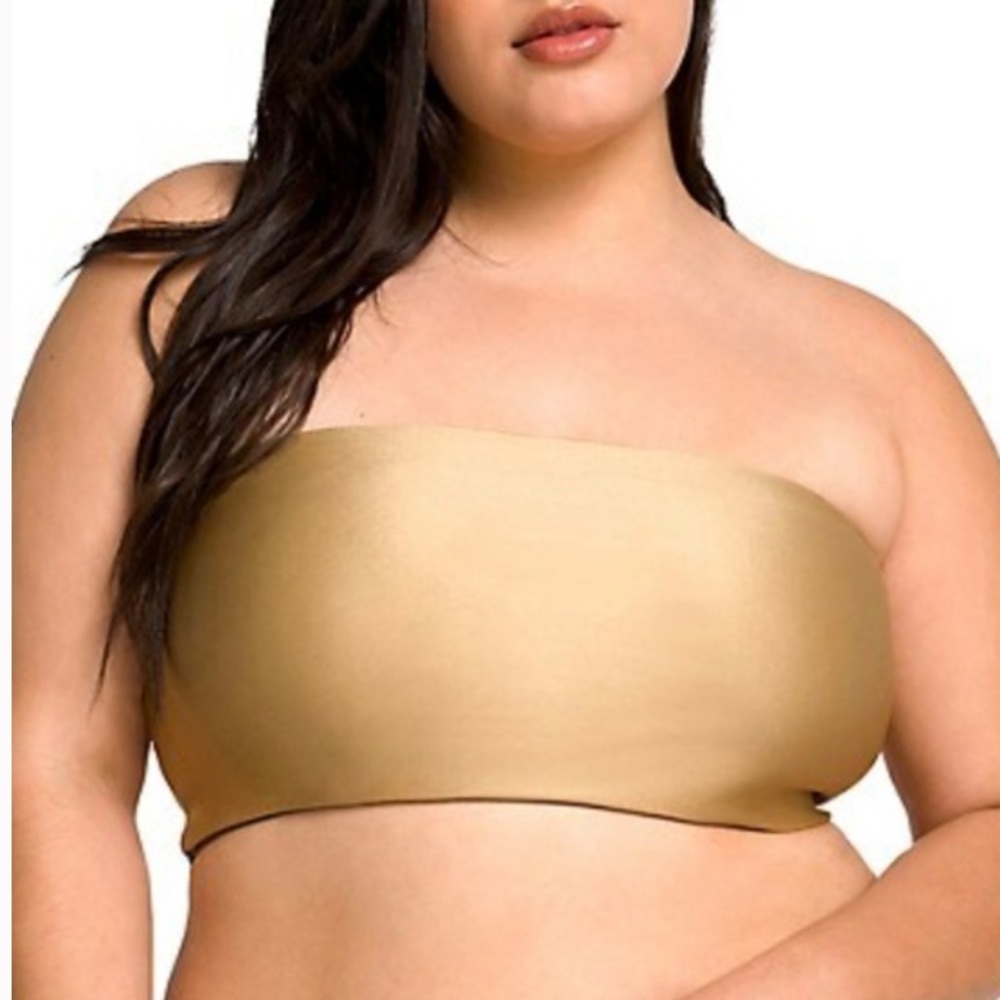 NEW Good American 8 strapless bikini top bandeau shiny gold green Reversible 5x